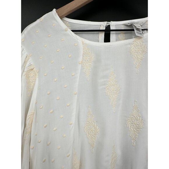 Cato Blouse Women 18/20W Long Balloon Sleeve White Cream Embroidered Elastic Hem - Picture 3 of 9